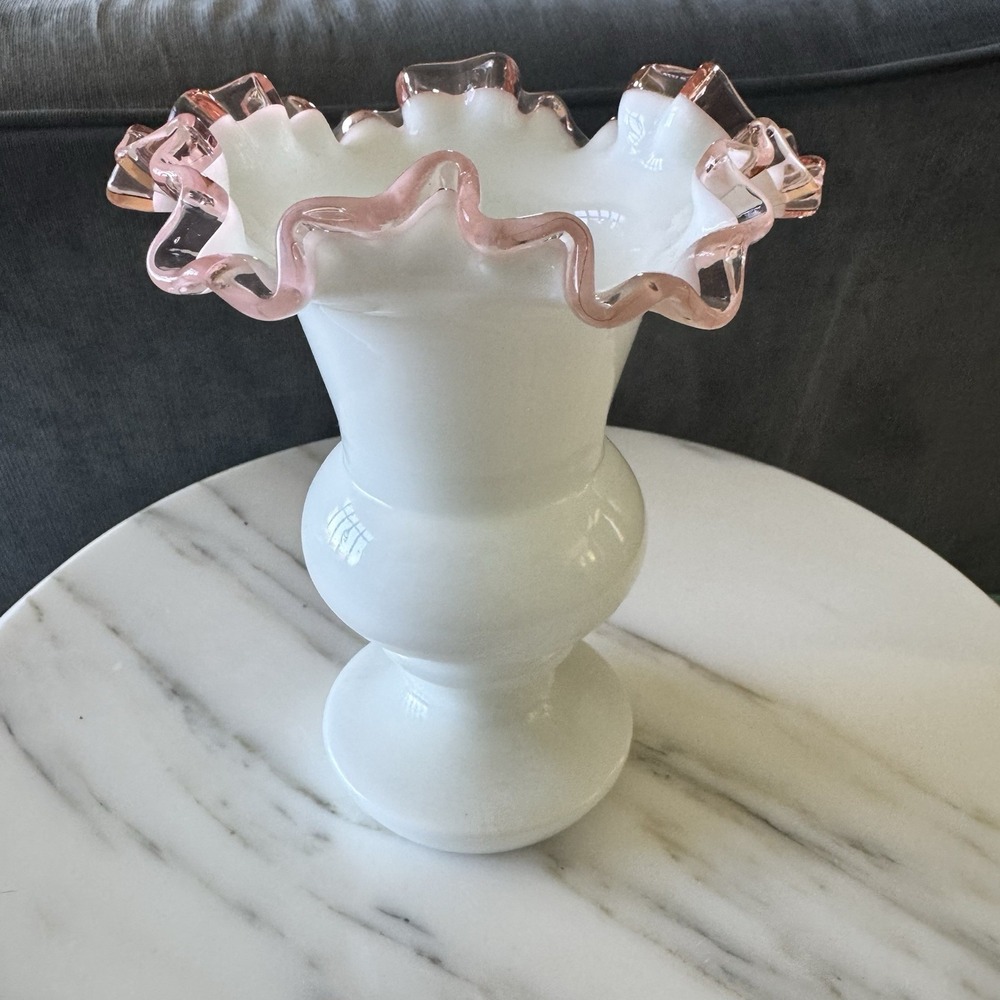 Fenton Milk Glass Pink Ruffled Rose Crest Vase 7" Tall
